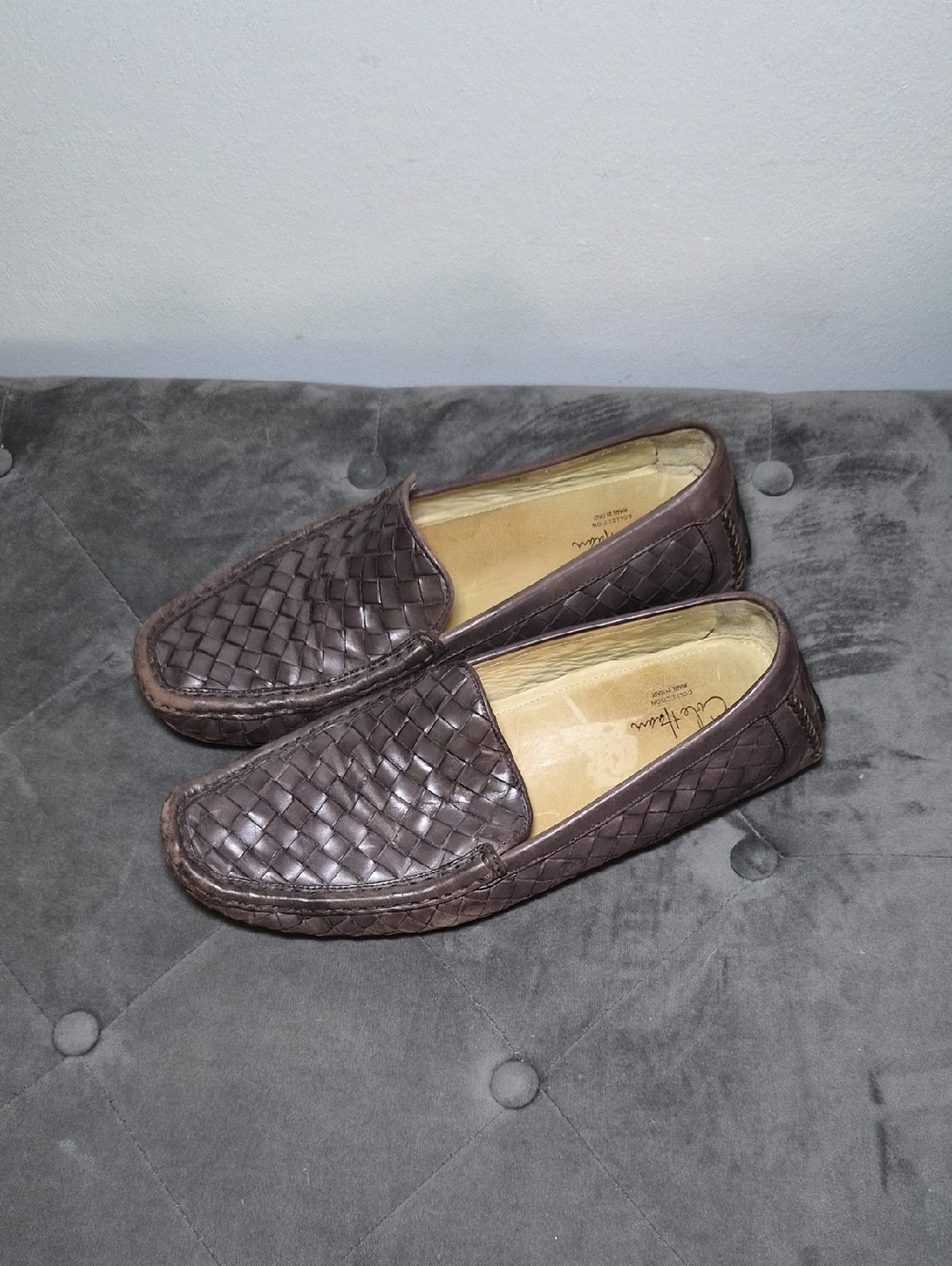 Cole Haan Dark Brown Woven Leather Slip-On Loafers 10 Driving Shoes